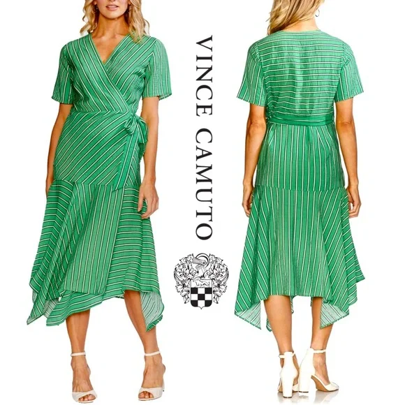 Vince Camuto Short Sleeve Wrap Dress Asymmetrical Hem Green/Wht Stripes Sz  6 NWT